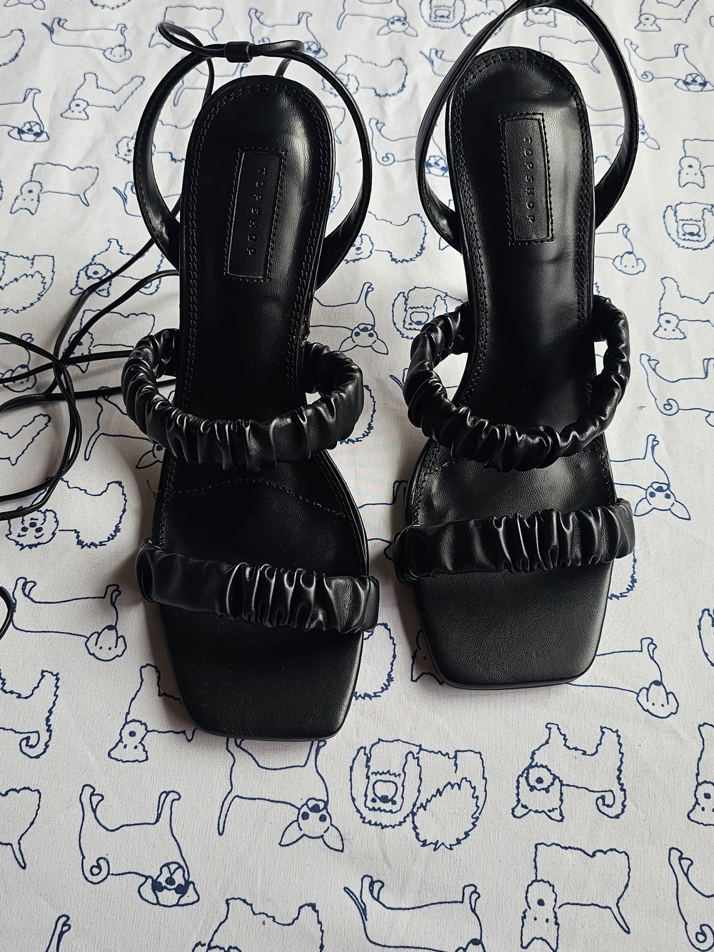 Black Ruched Strap Lace-Up Sandals - Women